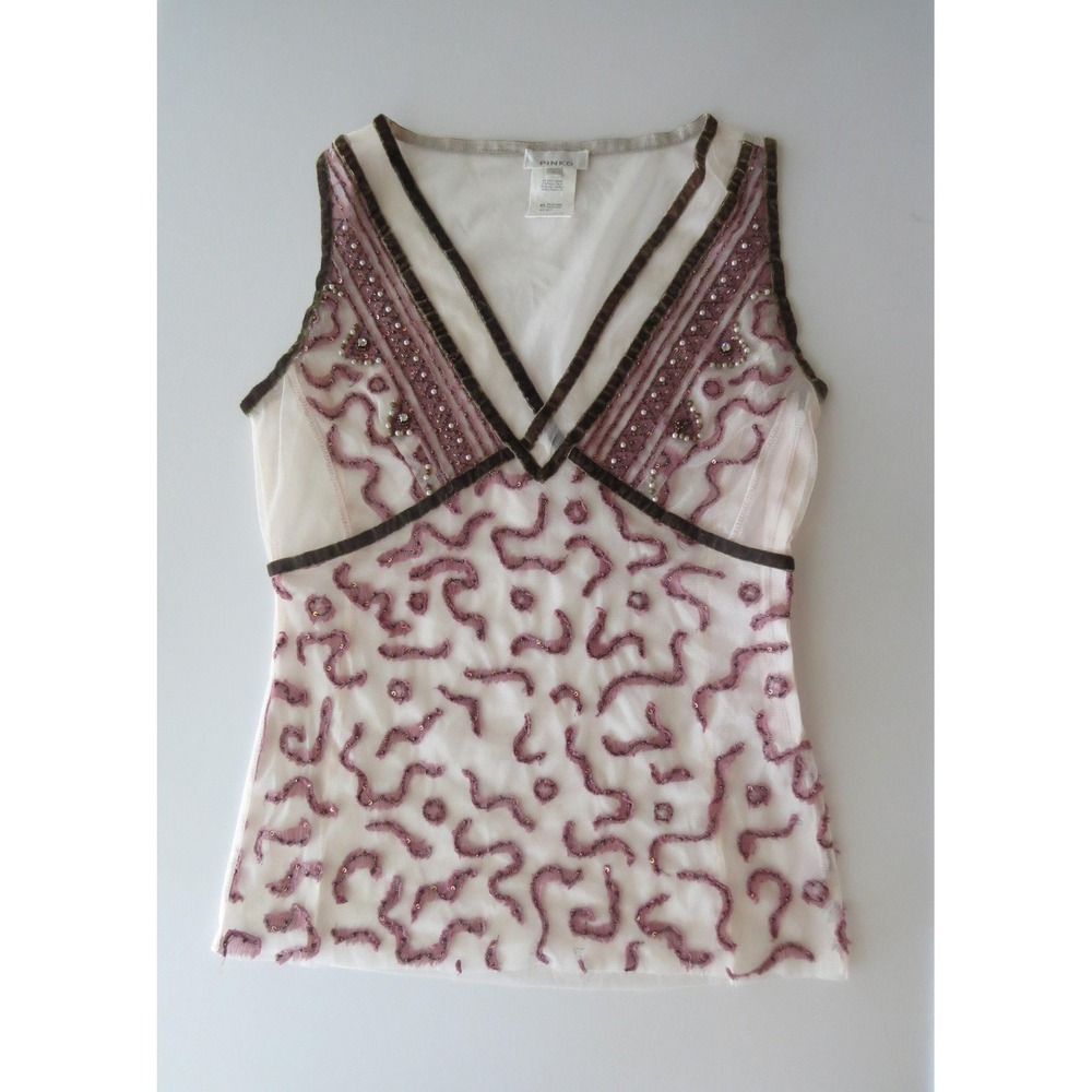 Vintage Pinko Italian 90s Silk Blend Embroidered Beaded Mesh Cami Made in Italy - Picture 1 of 11